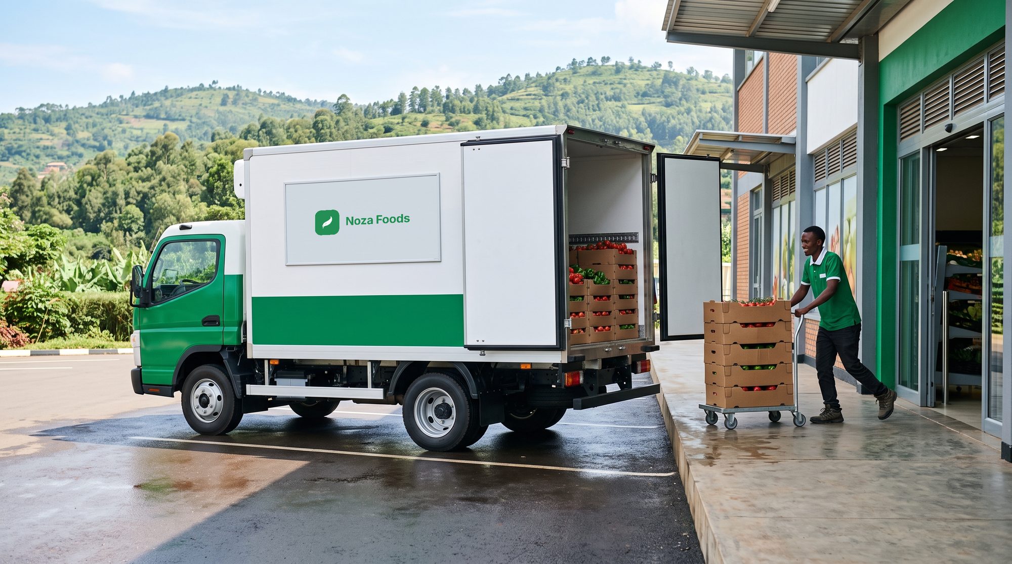 A Noza Foods refrigerated truck at a supermarket loading bay in Kigali, a staff member wheeling crates of tomatoes and peppers inside