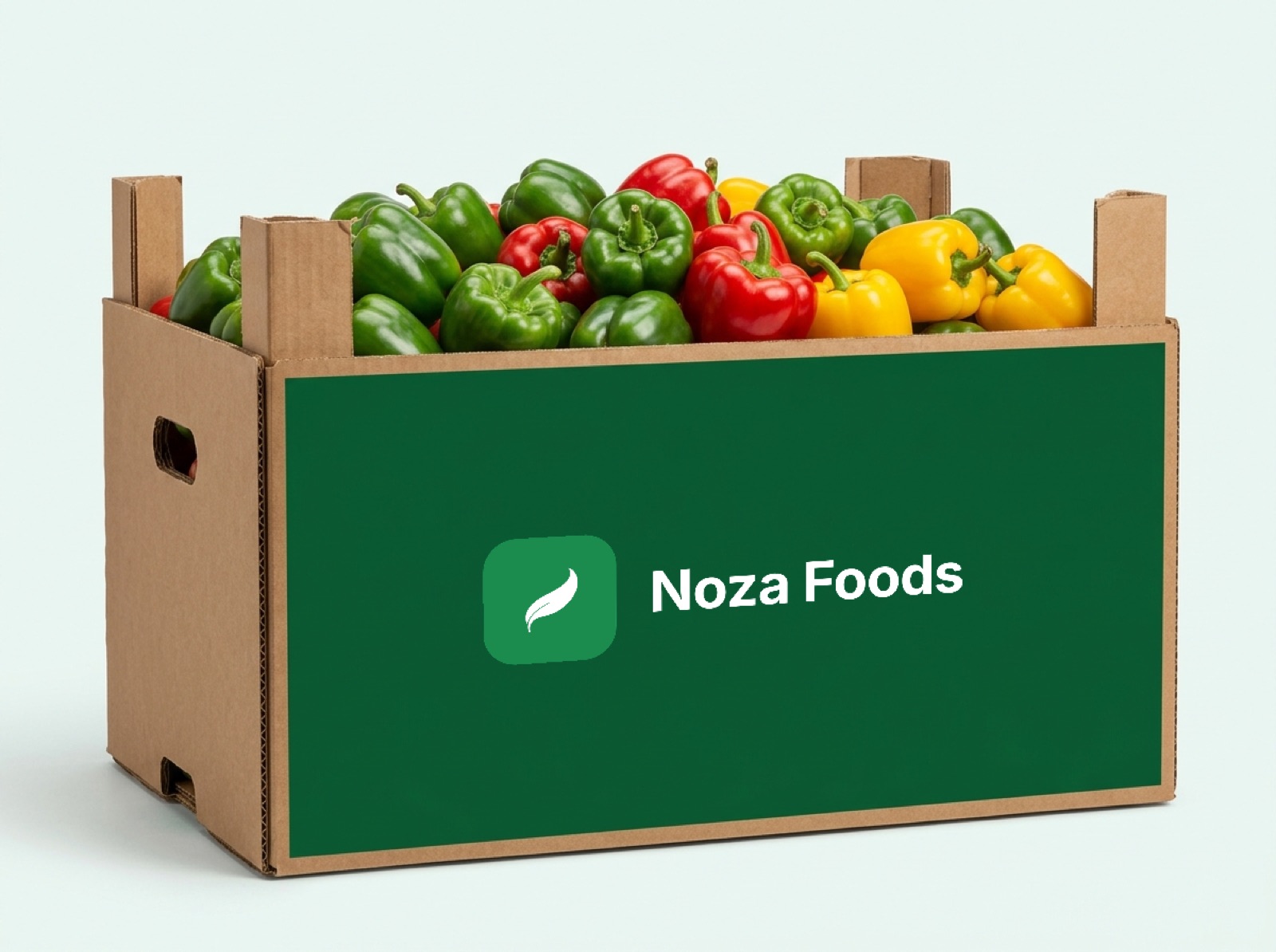 Green, red and yellow bell peppers in an open kraft cardboard display crate